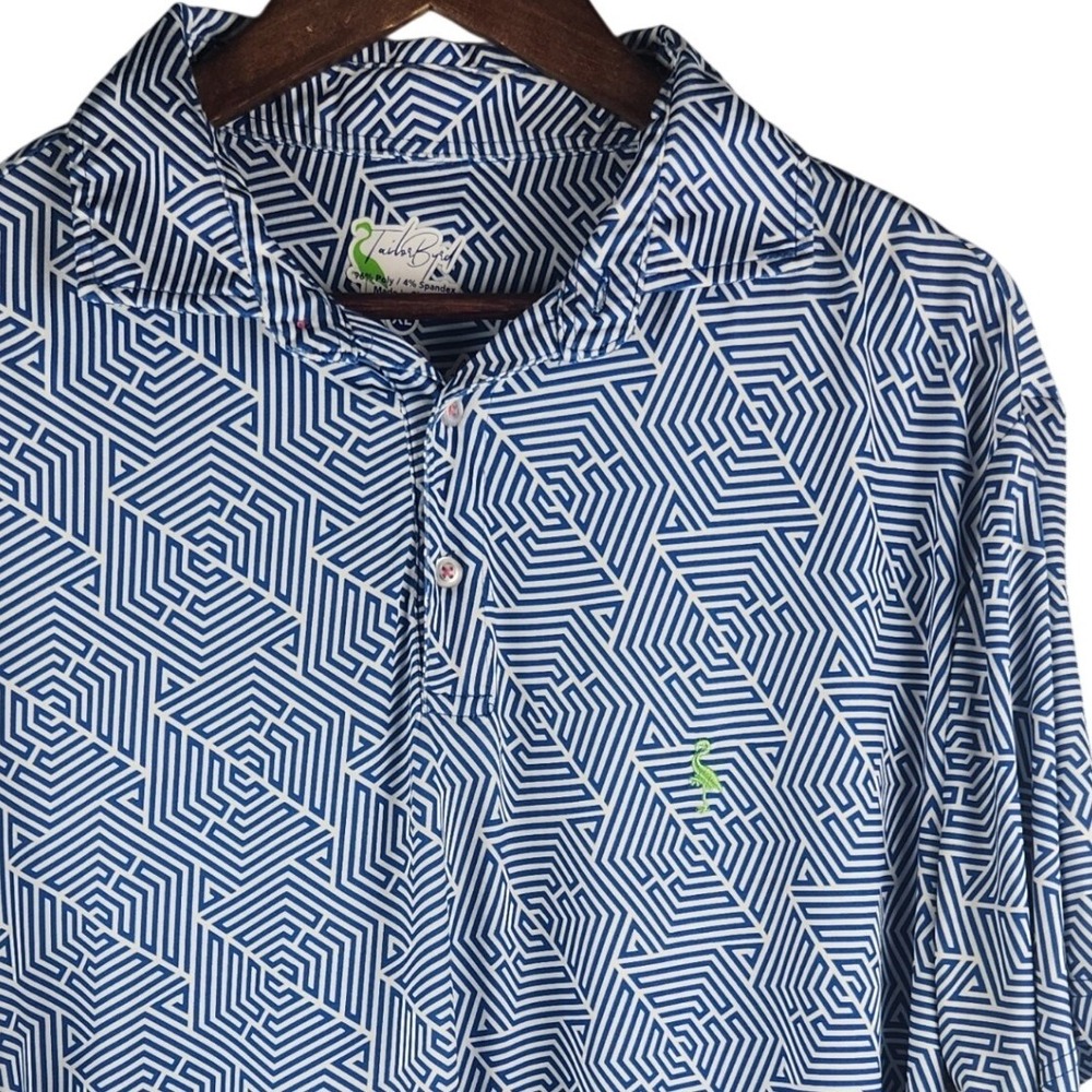 TailorByrd Mens XL Performance Polo Shirt Blue White Geometric Maze SPF 30 Logo